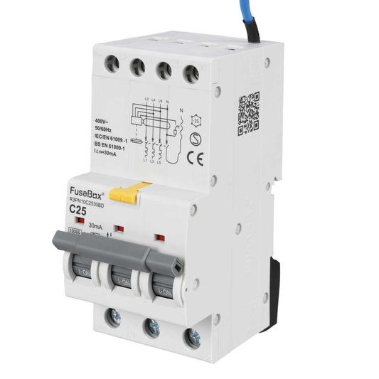 Fusebox 25A 3P+N 3 Module C Curve Bidirectional 10kA 30mA Type A Rcbo