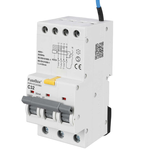 Fusebox 32A 3P+N 3 Module C Curve Bidirectional 10kA 30mA Type A Rcbo
