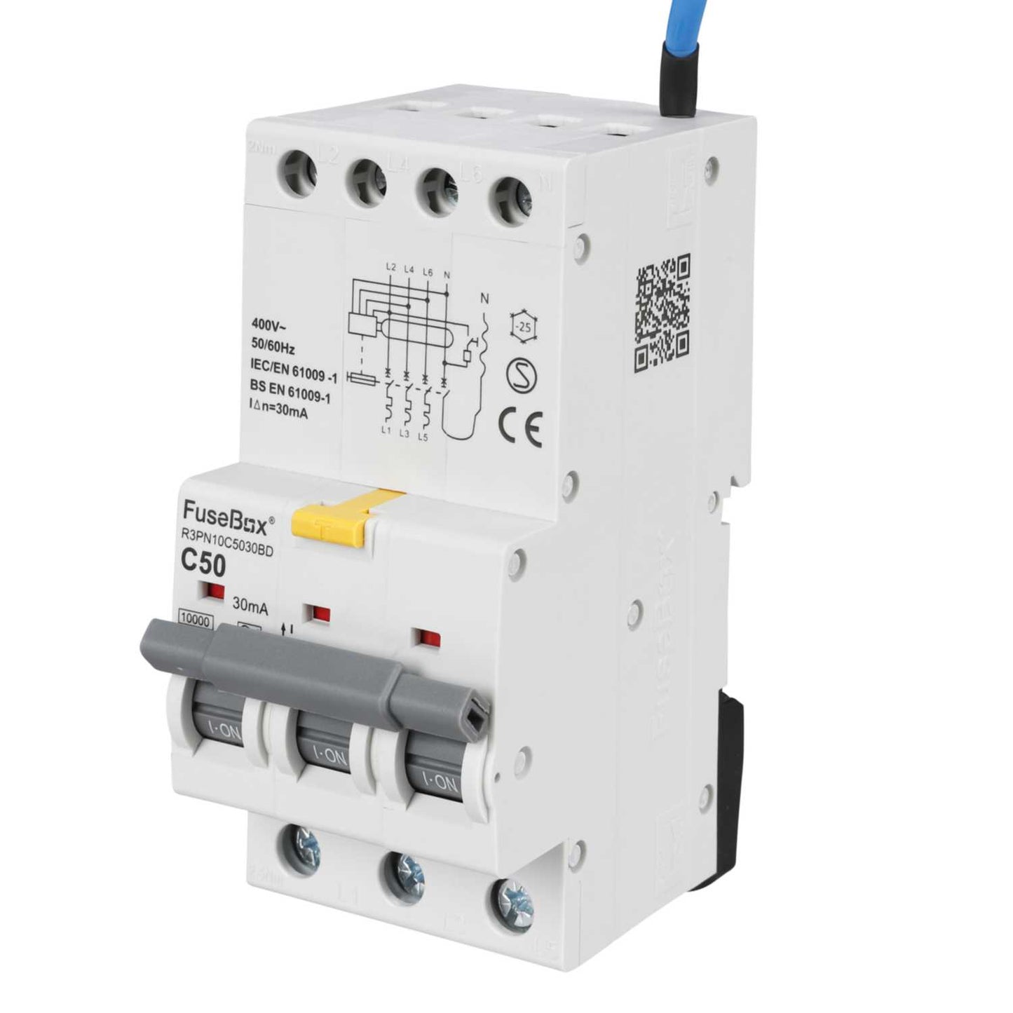 Fusebox 50A 3P+N 3 Module C Curve Bidirectional 10kA 30mA Type A Rcbo
