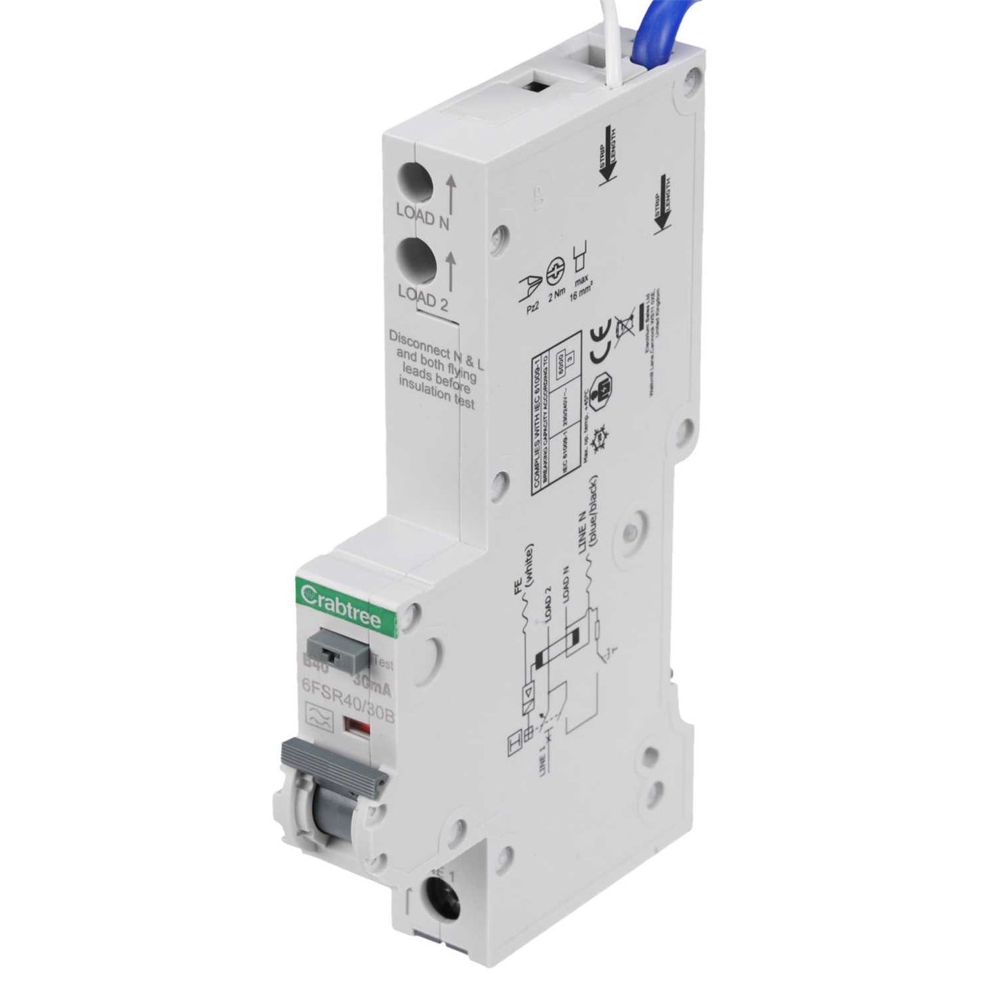 Crabtree Loadstar 40A 1P+N 1 Module B Curve 6kA 30mA Type A Rcbo
