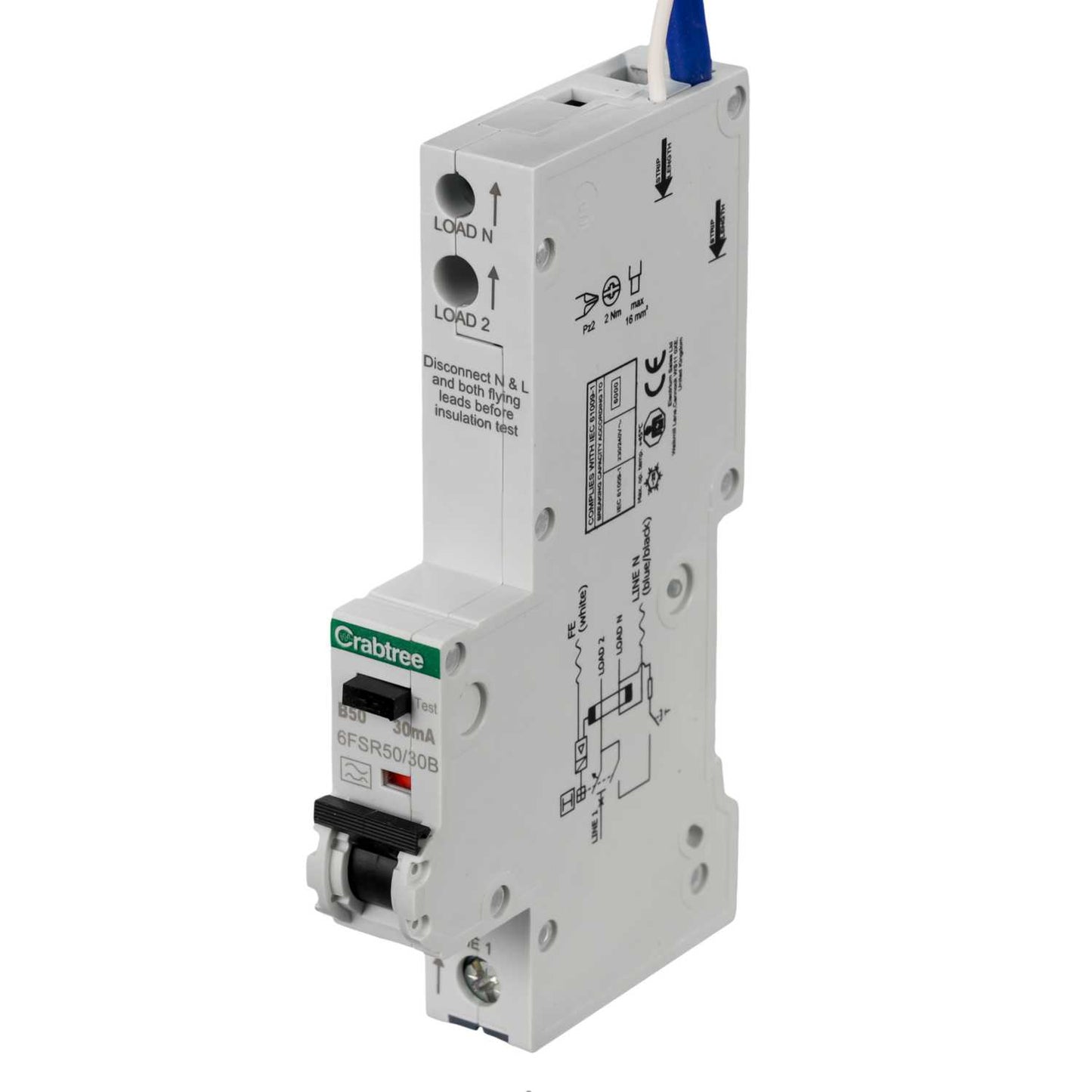 Crabtree Loadstar 50A 1P+N 1 Module B Curve 6kA 30mA Type A Rcbo