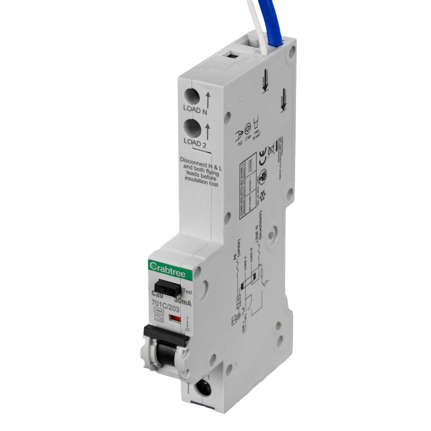 Crabtree Polestar Compact 20A Single Pole 1 Module C Curve 16kA 30mA Type A Rcbo
