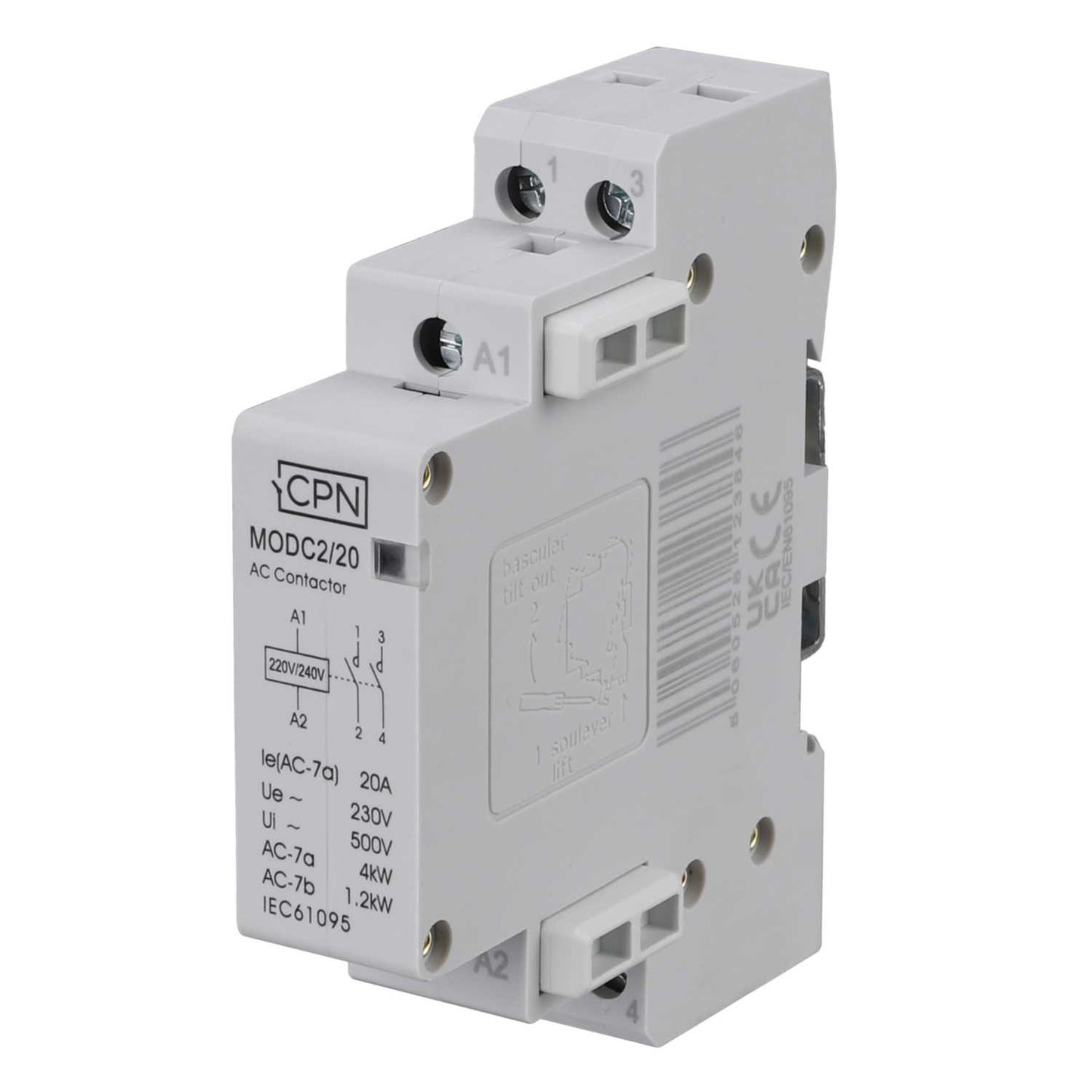 Cudis 20A 4kW 2 Pole 1 Module Contactor 2 NO Contacts c/w Spacer