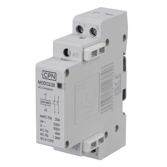 Cudis 20A 4kW 2 Pole 1 Module Contactor 2 NO Contacts c/w Spacer
