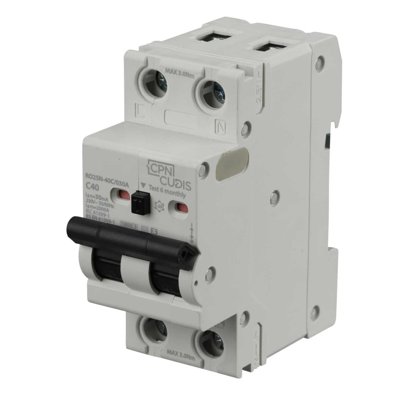 Cudis RO2SNF 40A Double Pole 2 Module Bidirectional C Curve 10kA 30mA Type A Rcbo