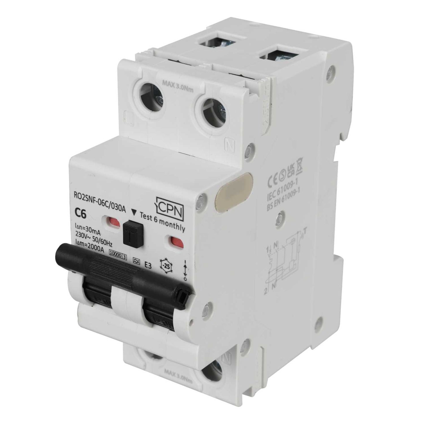 Cudis RO2SNF 6A Double Pole 2 Module Bidirectional C Curve 10kA 30mA Type A Rcbo