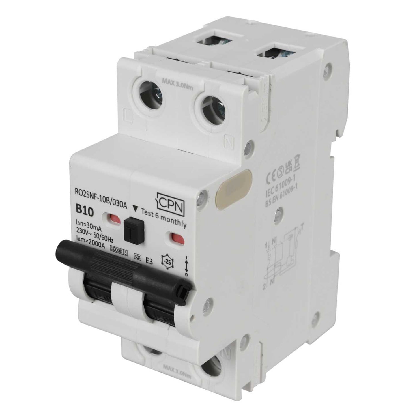 Cudis RO2SNF 10A Double Pole 2 Module Bidirectional B Curve 10kA 30mA Type A Rcbo