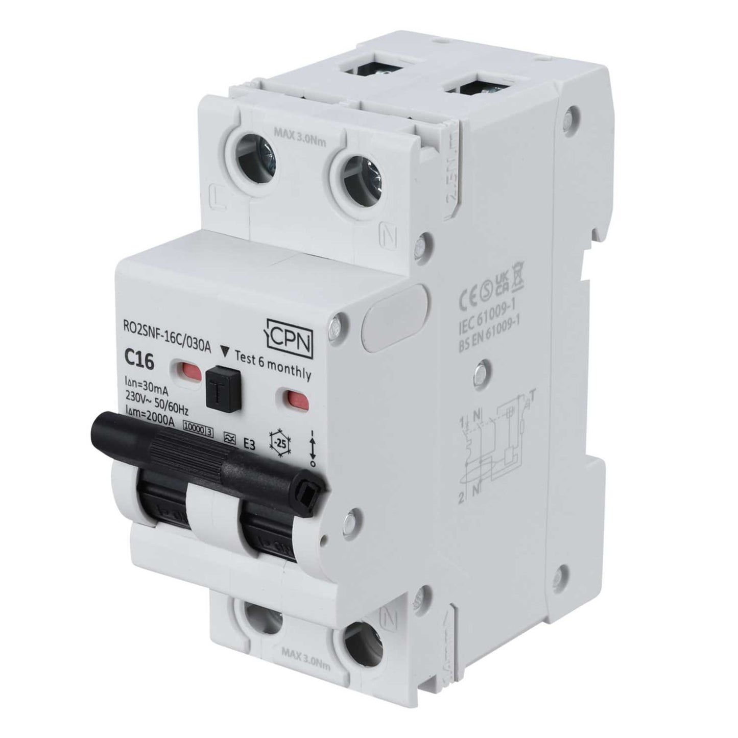 Cudis RO2SNF 16A Double Pole 2 Module Bidirectional C Curve 10kA 30mA Type A Rcbo