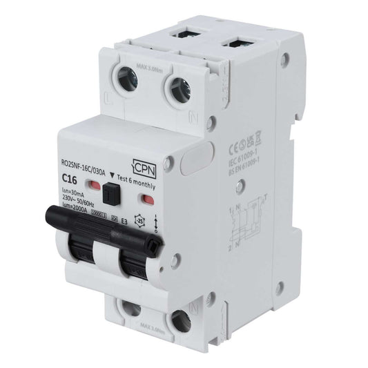 Cudis RO2SNF 16A Double Pole 2 Module Bidirectional C Curve 10kA 30mA Type A Rcbo