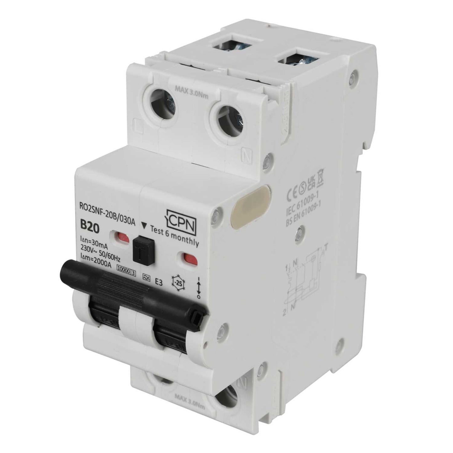 Cudis RO2SNF 20A Double Pole 2 Module Bidirectional B Curve 10kA 30mA Type A Rcbo