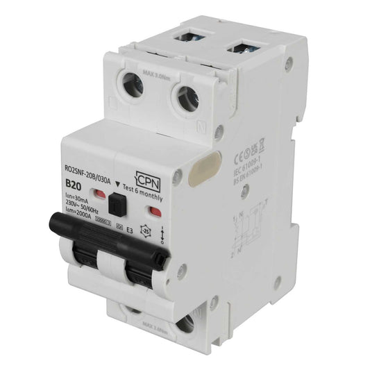 Cudis RO2SNF 20A Double Pole 2 Module Bidirectional B Curve 10kA 30mA Type A Rcbo
