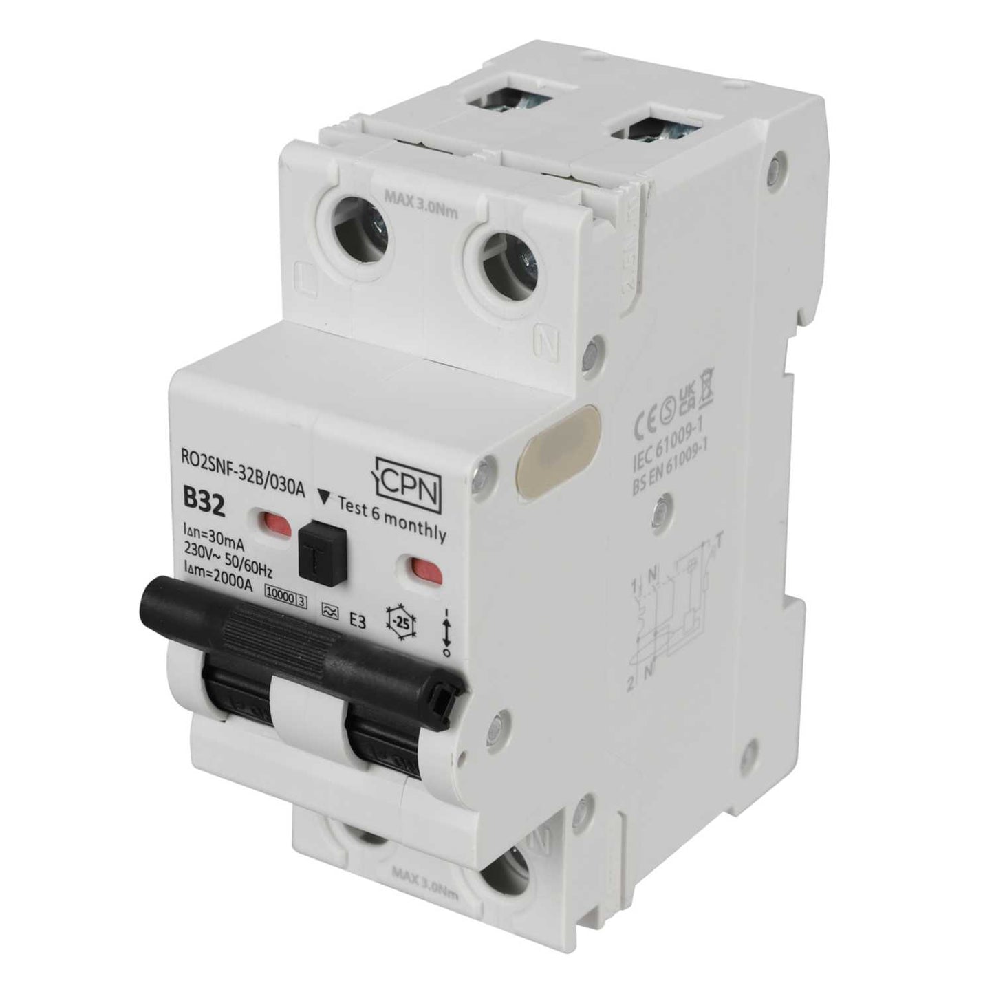 Cudis RO2SNF 32A Double Pole 2 Module Bidirectional B Curve 10kA 30mA Type A Rcbo