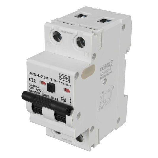 Cudis RO2SNF 32A Double Pole 2 Module Bidirectional C Curve 10kA 30mA Type A Rcbo