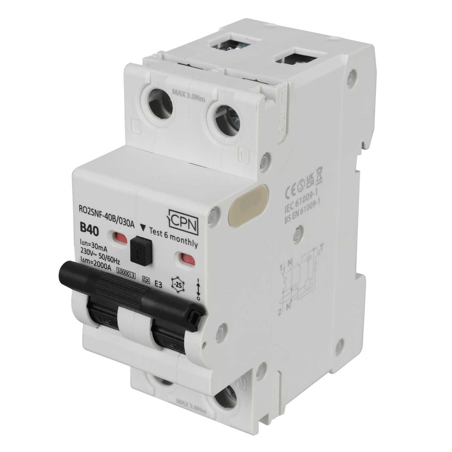 Cudis RO2SNF 40A Double Pole 2 Module Bidirectional B Curve 10kA 30mA Type A Rcbo