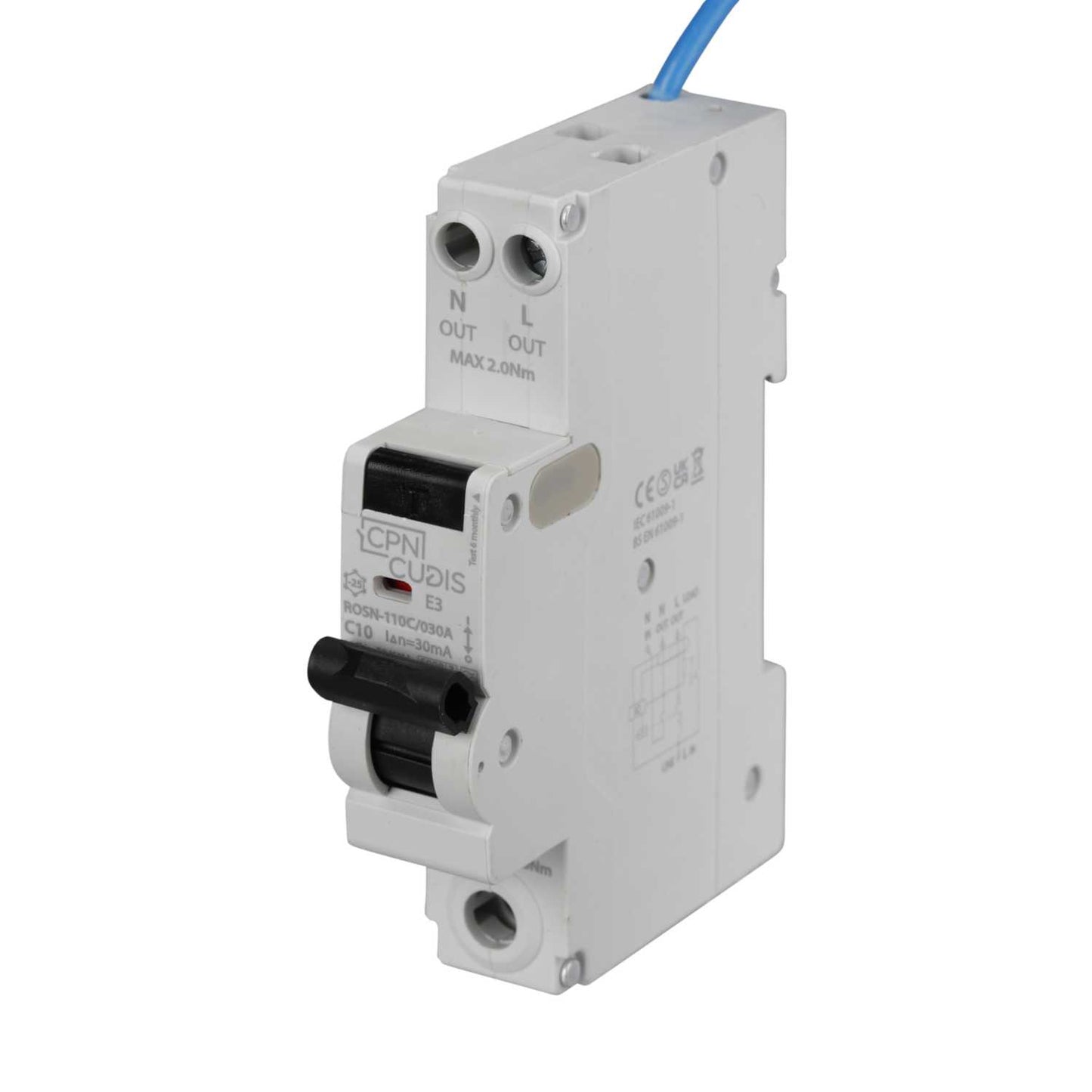 Cudis Rosn 10A 1P+N 1 Module C Curve 6kA 30mA Type A Rcbo