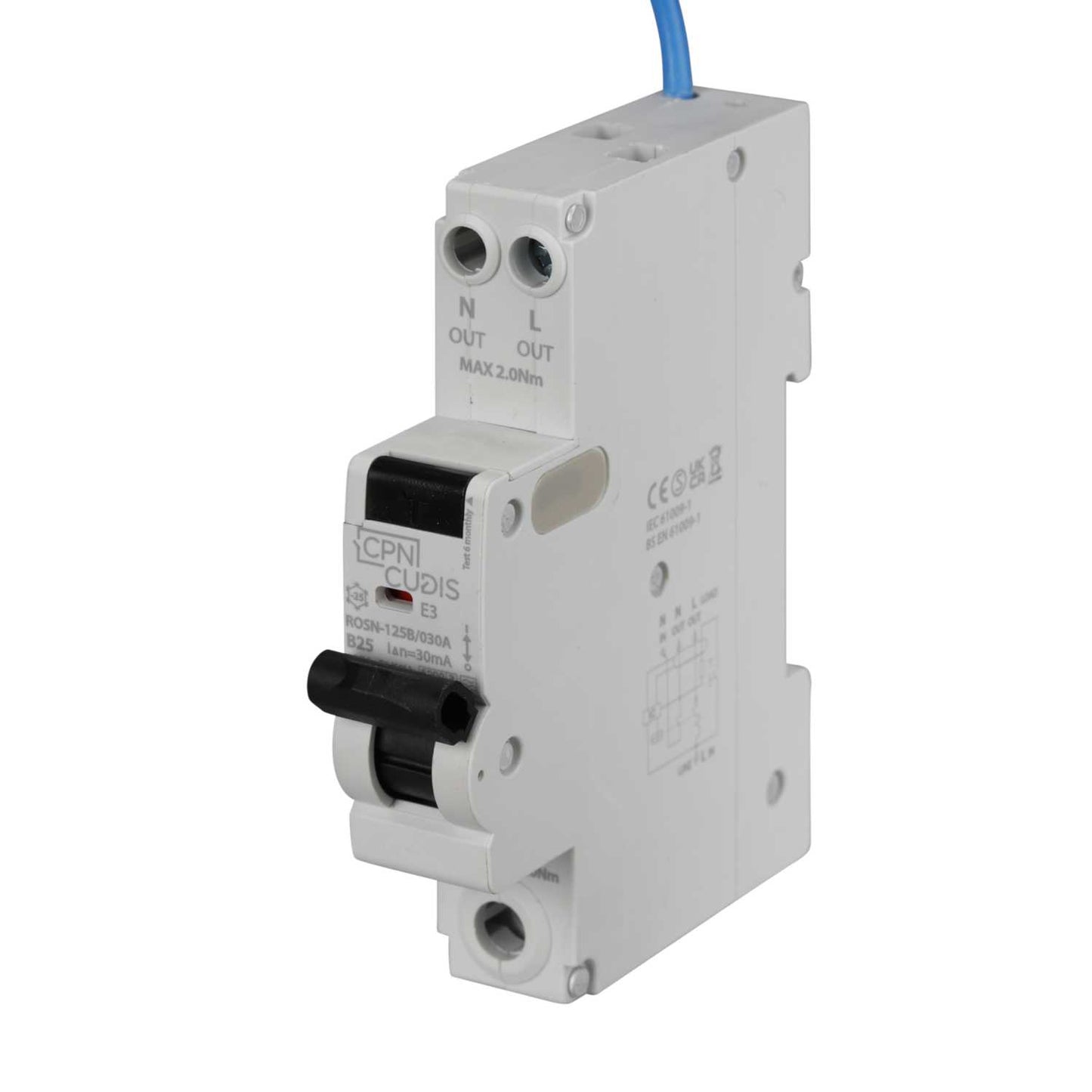 Cudis Rosn 25A 1P+N 1 Module B Curve 6kA 30mA Type A Rcbo