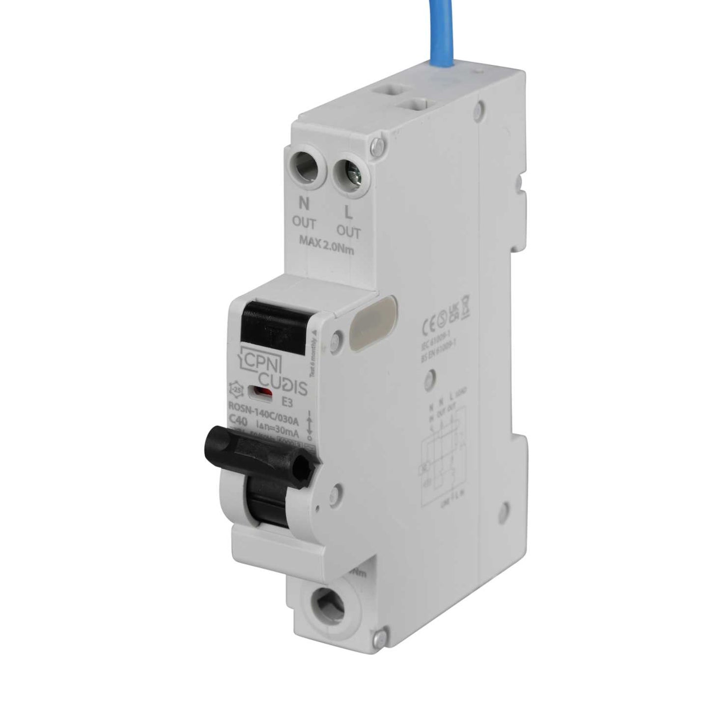 Cudis Rosn 40A 1P+N 1 Module C Curve 6kA 30mA Type A Rcbo