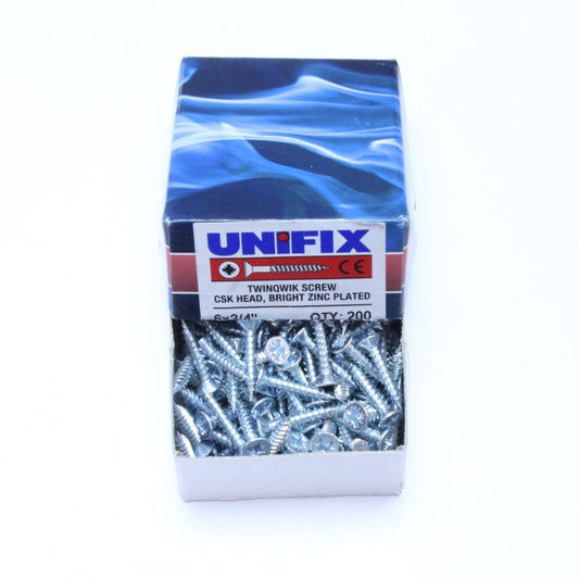 UNIFIX BZP CSK TWINTHREAD WOODSCREWS 6 x 3/4 BOX BOX 200 OJ077918