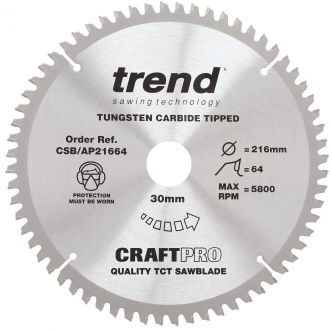 TREND CSB/AP21664 CRAFT SAW BLADE ALUMINIUM AND PLASTIC 216MM X 64T X 30MM