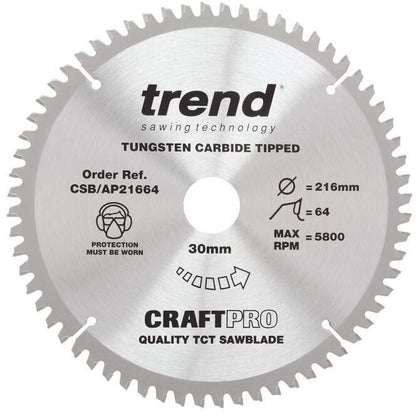 TREND CSB/AP21664 CRAFT SAW BLADE ALUMINIUM AND PLASTIC 216MM X 64T X 30MM