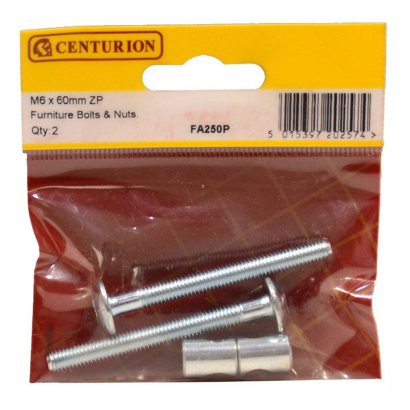 CENTURION FA250P PACK OF 2 FURNITURE NUTS AND BOLTS M6 x 60mm YELLOW PLATED