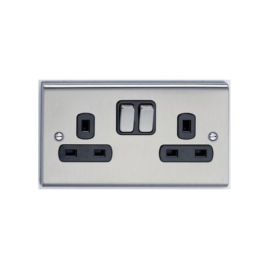 DETA SD1209SSB 2-POLE 2-GANG SWITCHED SOCKET 13a STAINLESS STEEL / BLACK