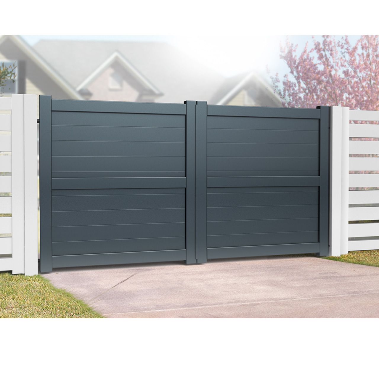 DOUBLE DRIVEWAY GATE FLAT TOP 3000 x 1800mm HORIZONTAL INFILL GREY RMG002DG-04