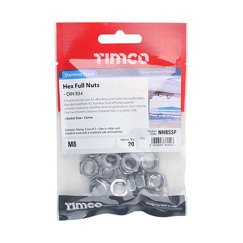 TIMCO STAINLESS STEEL HEX NUTS M8 (PACK 20) NH8SSP