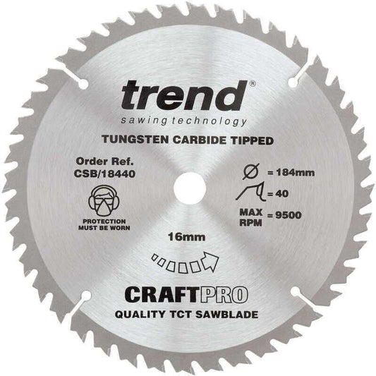 TREND CSB/18440 MEDIUM/FINE FINISH TCT CIRCULAR SAW BLADE 184MM X 40T X 16MM