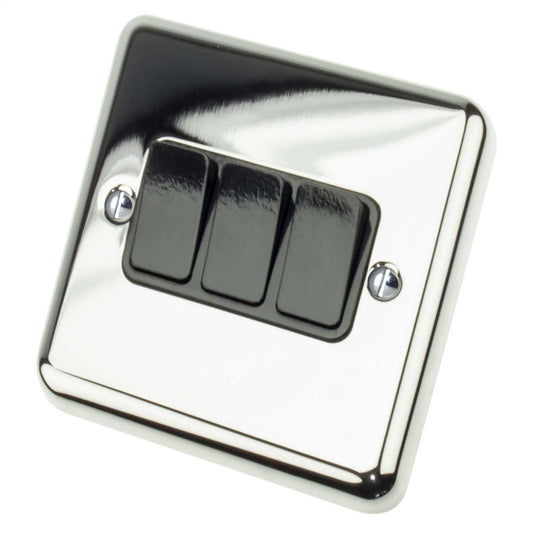 Deta 10A 3 Gang 2 Way Light Switch Metal / Black Insert Chrome