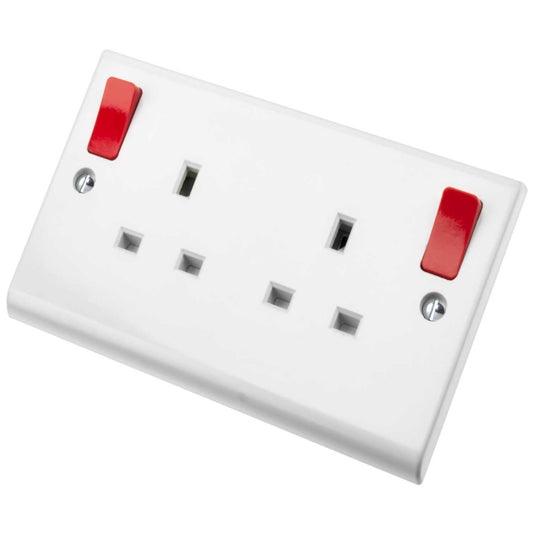 Deta 13A 2 Gang Switched Socket with Outboard Red Rockers White