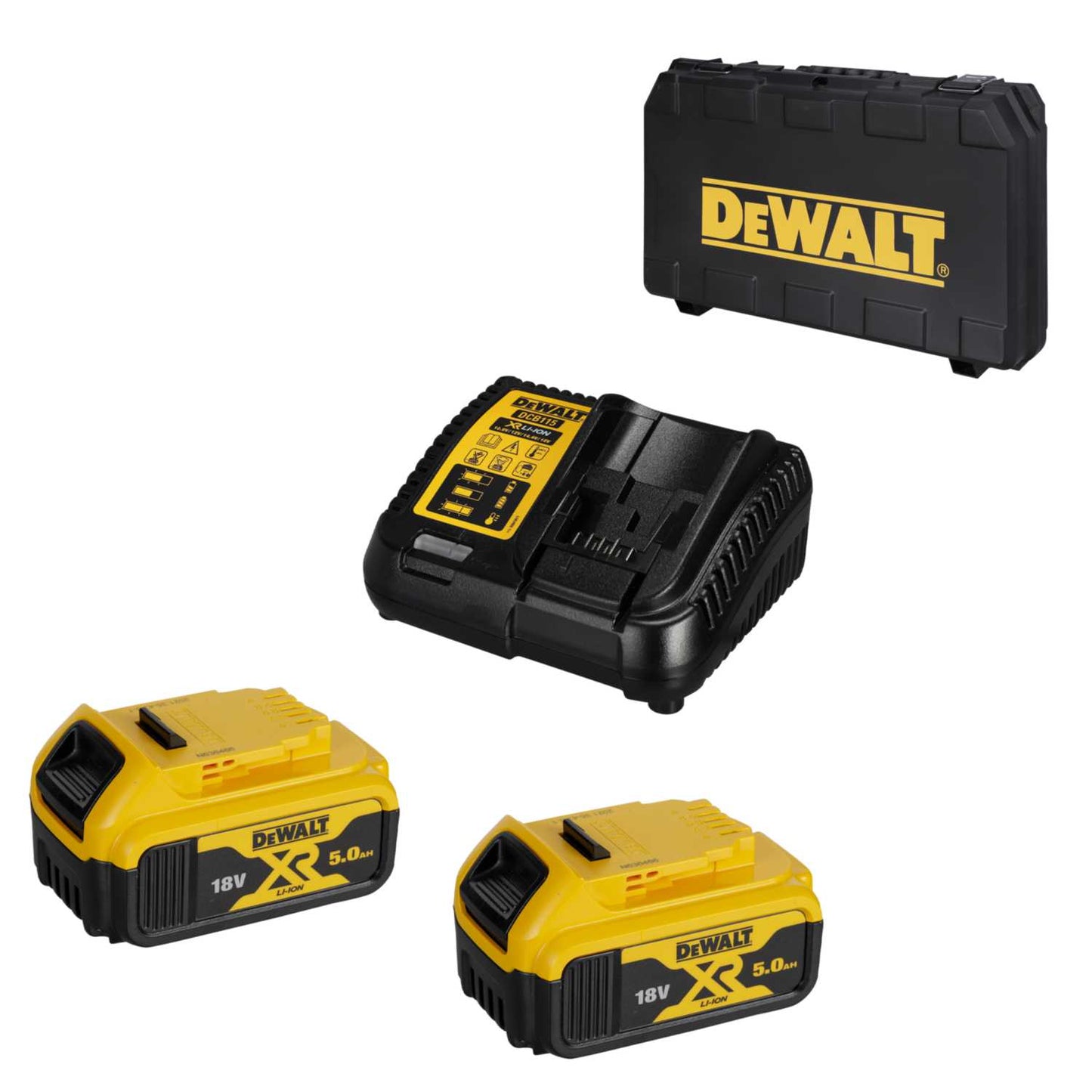 DeWALT DCB115P2-GB 18V Battery Kit (2 x 5.0Ah Batteries, Charger and Case)