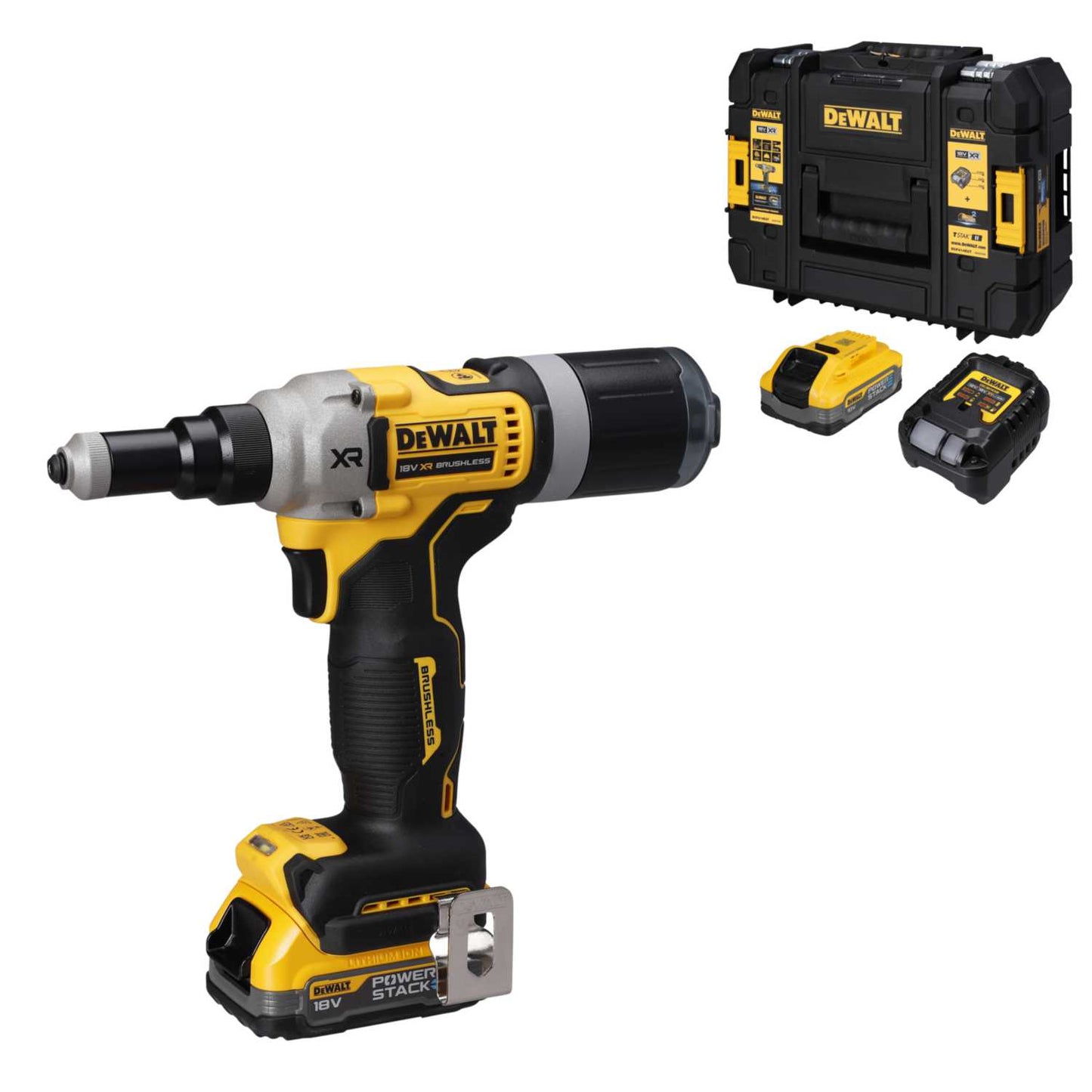DeWALT DCF414E2T-GB 18V XR ¼" Brushless Riveter with 2 x Powerstack 1.7Ah Batteries