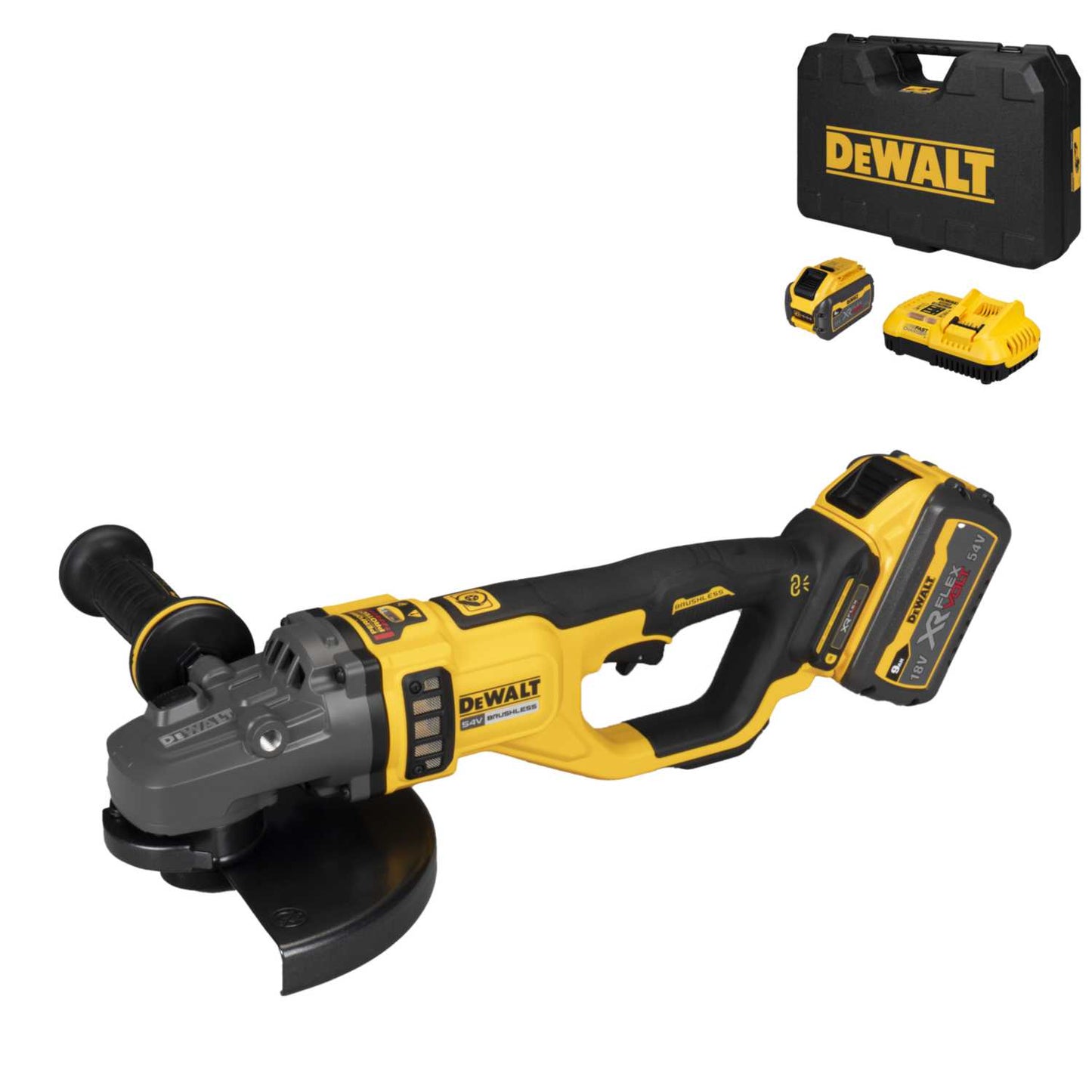 DeWALT DCG460X2-GB 54V XR Flexvolt 230mm Angle Grinder with 2 x 18V 9.0Ah Batteries