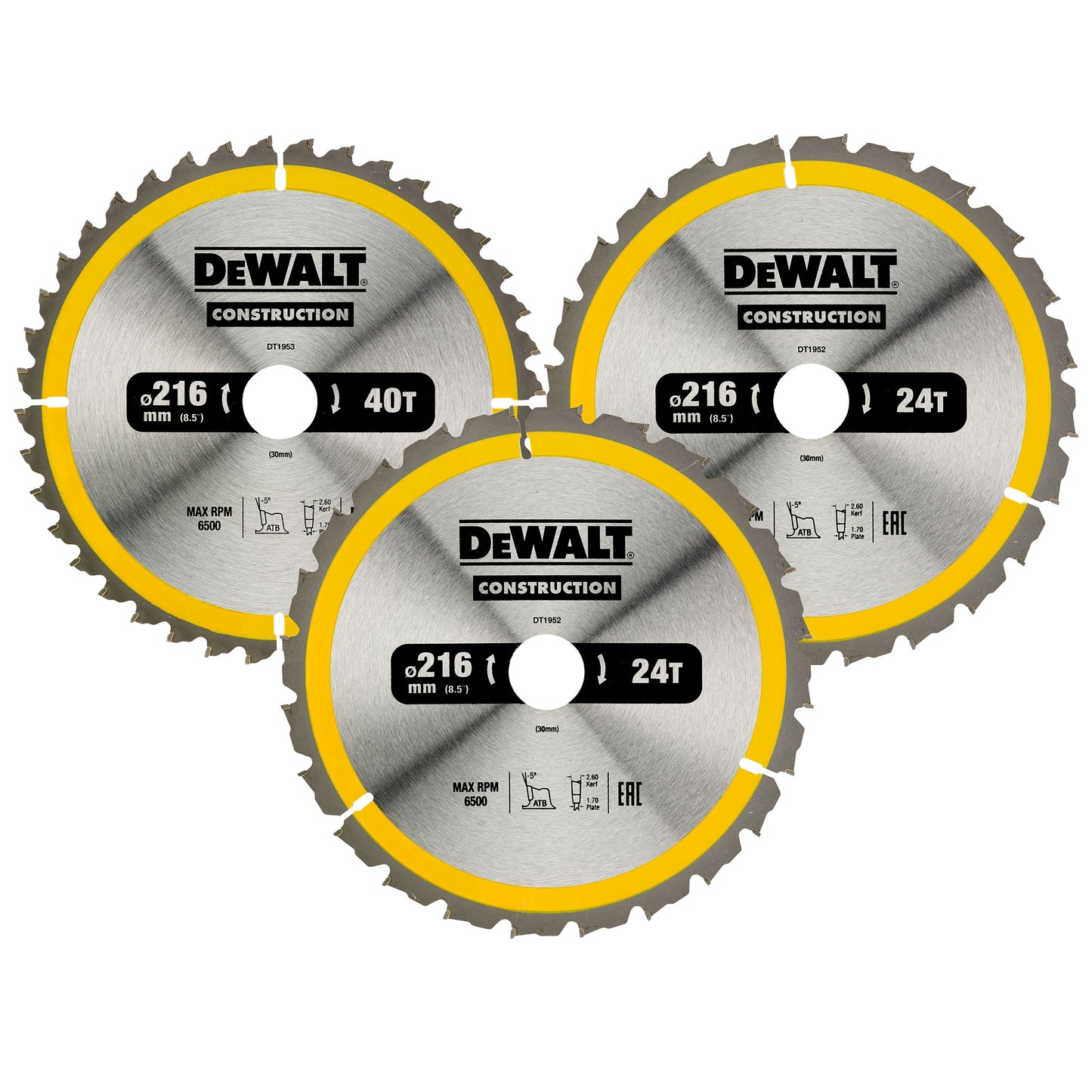 DeWALT DT1962-QZ 24/40T Circular Saw Blades 216mm (3 Pack)