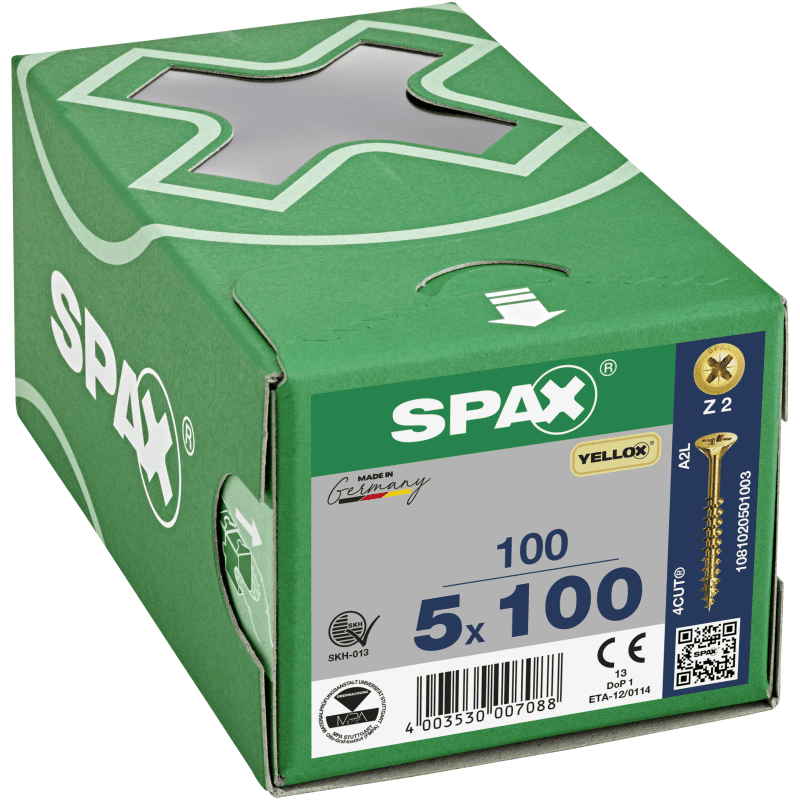 SPAX YELLOX POZI CSK PZ2 SCREWS 5.0 x 100mm BOX 100 1081020501003