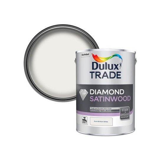 DULUX TRADE DIAMOND SATINWOOD 5l PURE BRILLIANT WHITE 5282776