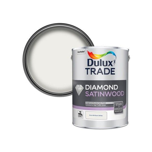 DULUX TRADE DIAMOND SATINWOOD 5l PURE BRILLIANT WHITE 5282776