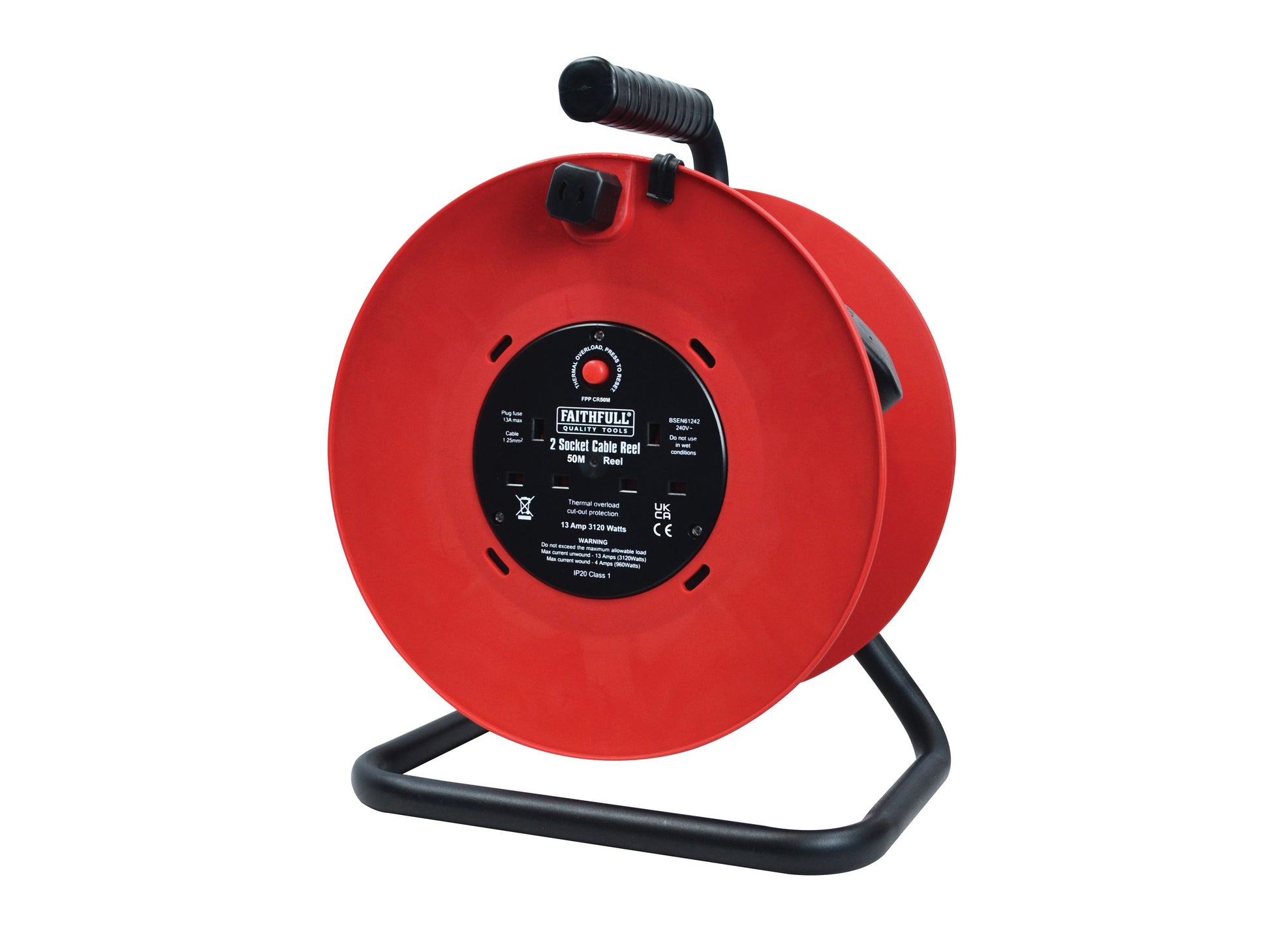 FAITHFULL FPPCR50M 2 SOCKET CABLE REEL 240v 13a 50m