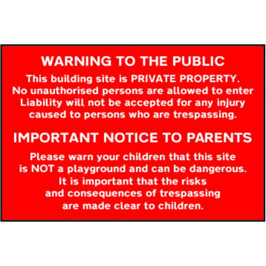 PVC SELF ADH SIGN 600mm WIDE x 400mm BUILDING SITE WARNING TO PUBLIC.... 4251