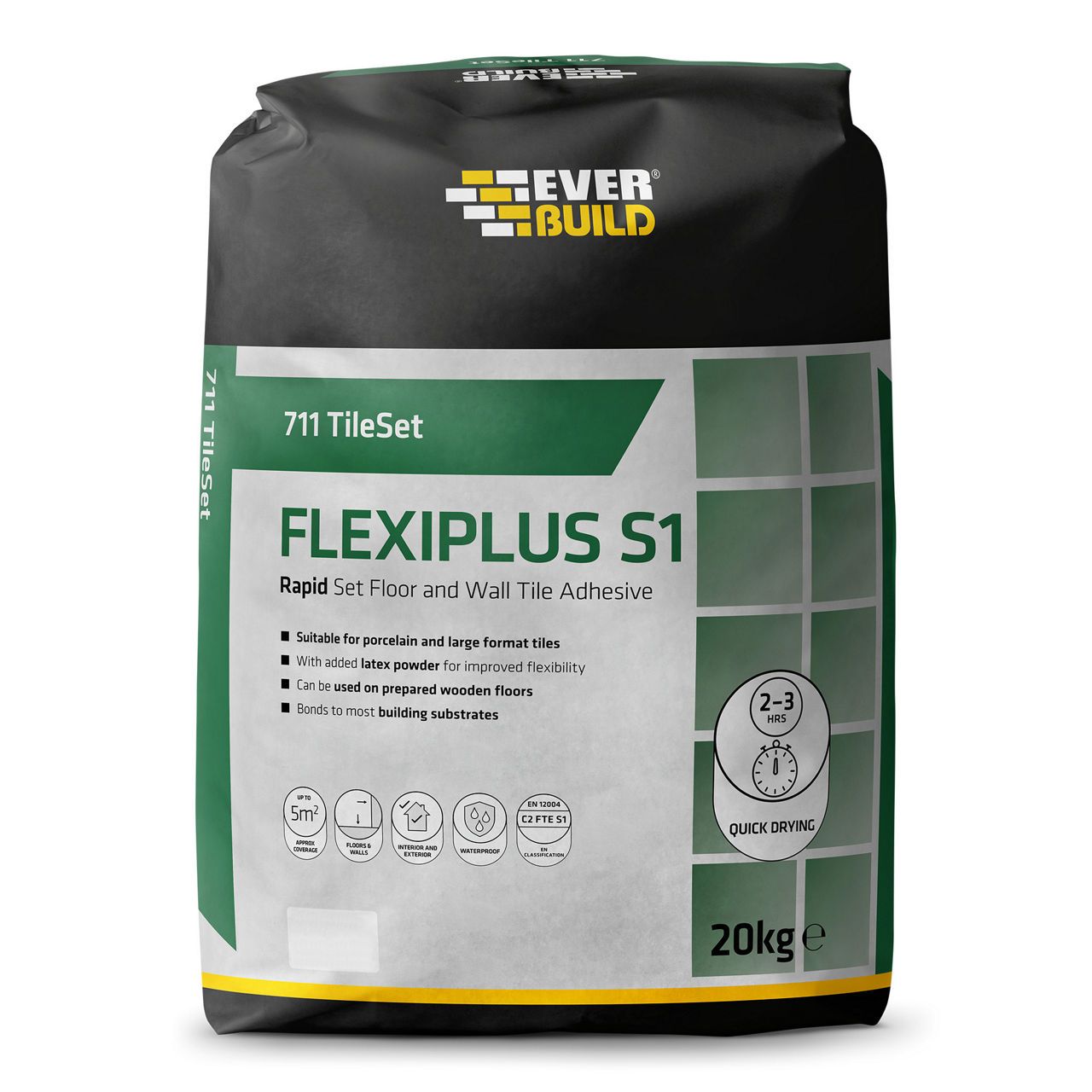 Everbuild 711 Rapid Set Flexiplus Floor & Wall Tile Adhesive 20Kg Grey RSPLUS