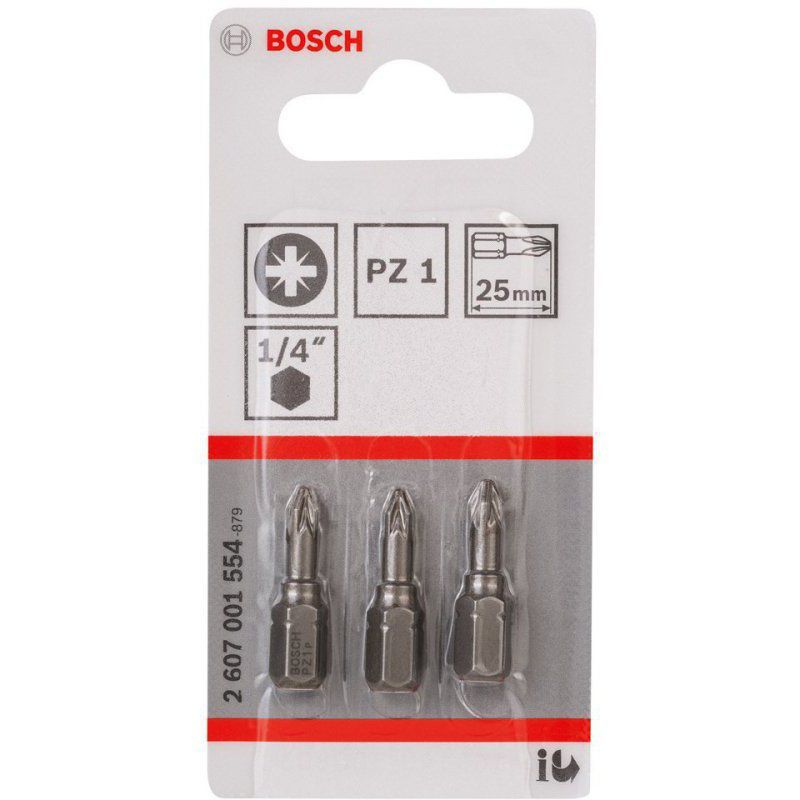 BOSCH 2607001554 PACK OF 3 POZI EXTRA HARD SCREWDRIVER BIT PZ1 x 25mm