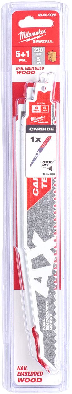 MILWAUKEE 48009028 SAWZALL 6PC BLADE SET 230mm x 5tpi AX + TCT AX