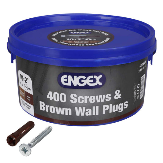 Engex Trade Tub Brown Wall Plugs + 10 x 2" Screws (Tub of 400 of each)