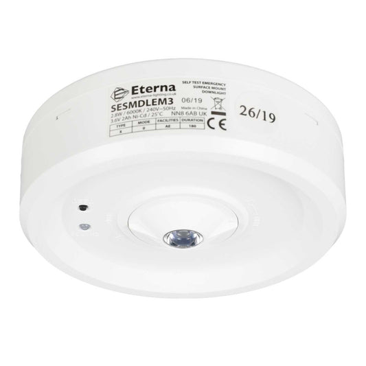 Eterna 3W LED Surface Mounted Emergency Open Area Downlight with Auto Self Test