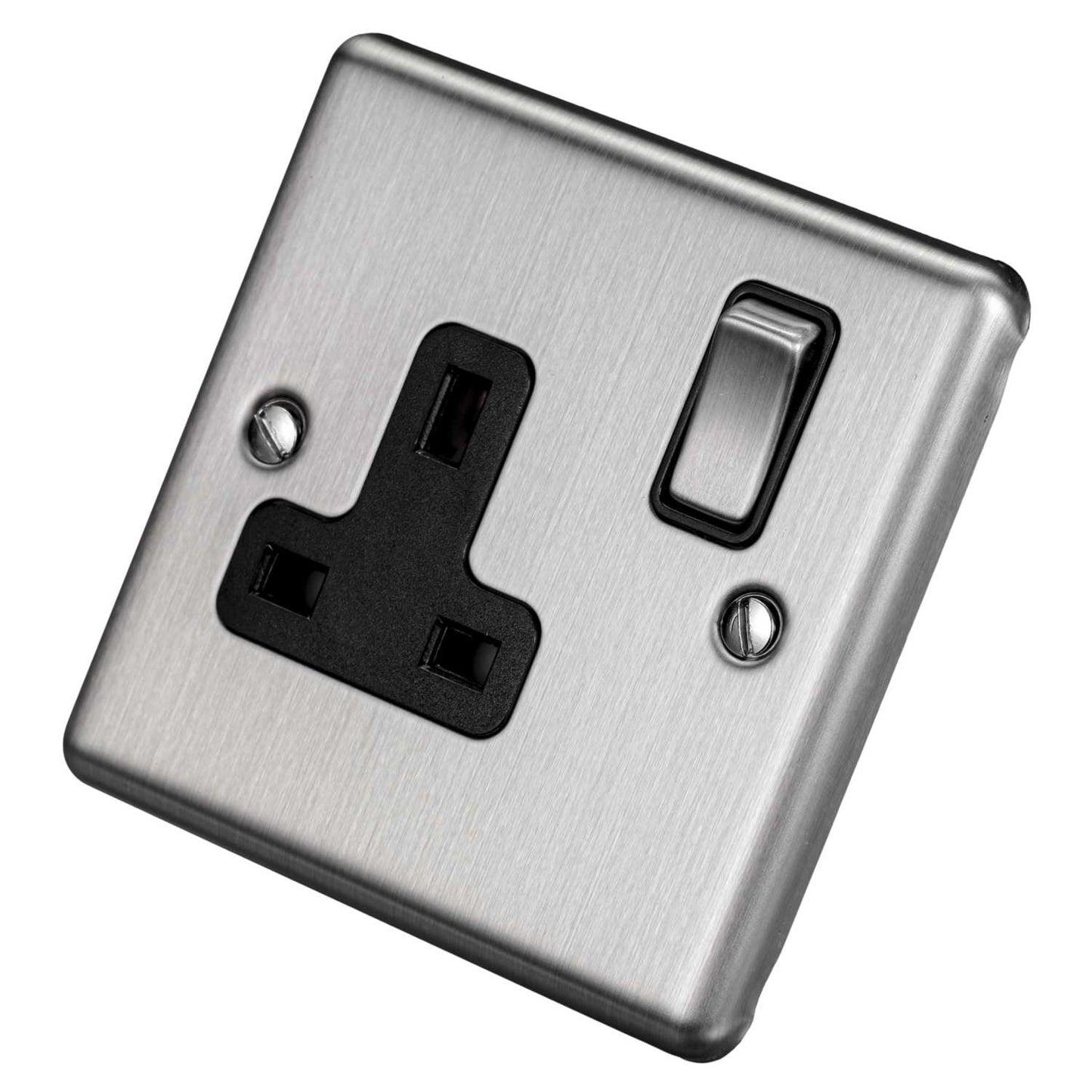 Eurolite 13A DP 1 Gang Switched Socket Black Insert Satin Stainless Steel