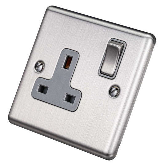 Eurolite 13A DP 1 Gang Switched Socket Grey Insert Satin Stainless Steel