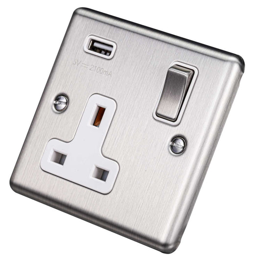 Eurolite 13A 1 Gang Switched Socket with USB Outlet White Insert Satin Stainless Steel
