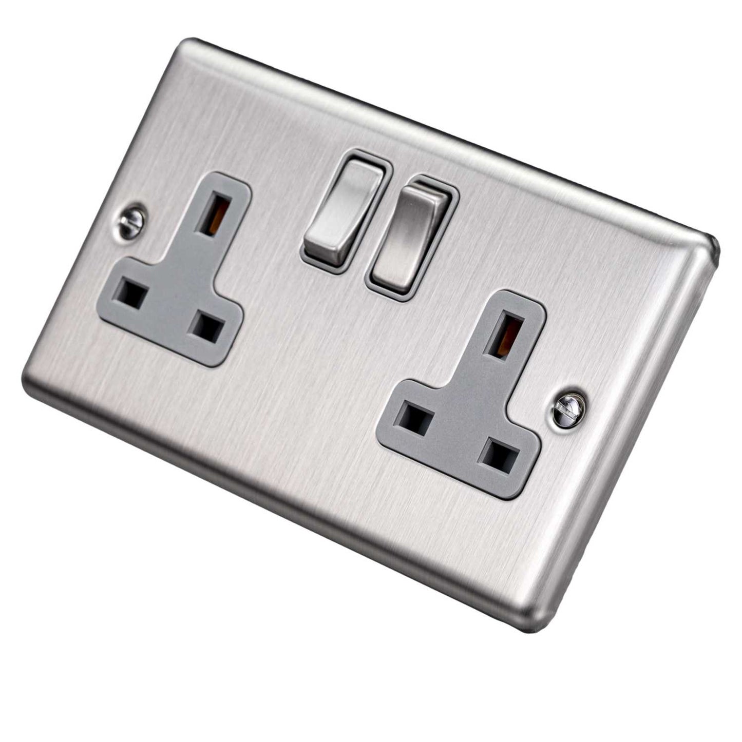 Eurolite 13A DP 2 Gang Switched Socket Grey Insert Satin Stainless Steel
