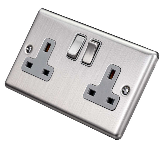 Eurolite 13A DP 2 Gang Switched Socket Grey Insert Satin Stainless Steel